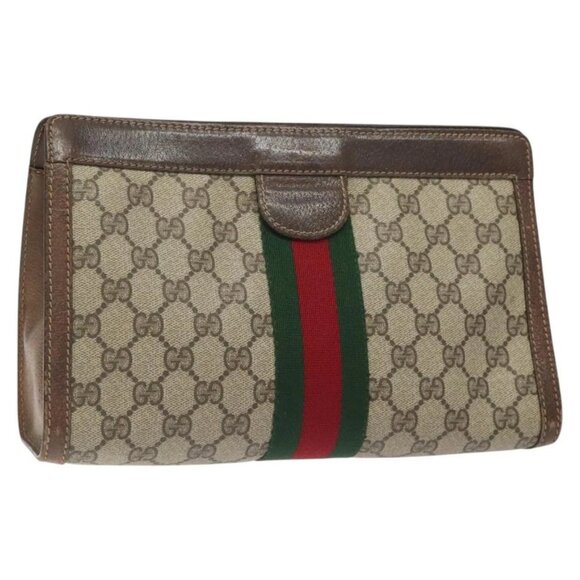 GUCCI GG Supreme Web Sherry Line Clutch Bag PVC Beige 41 014 2125 28 Auth 124275 - Picture 1 of 16